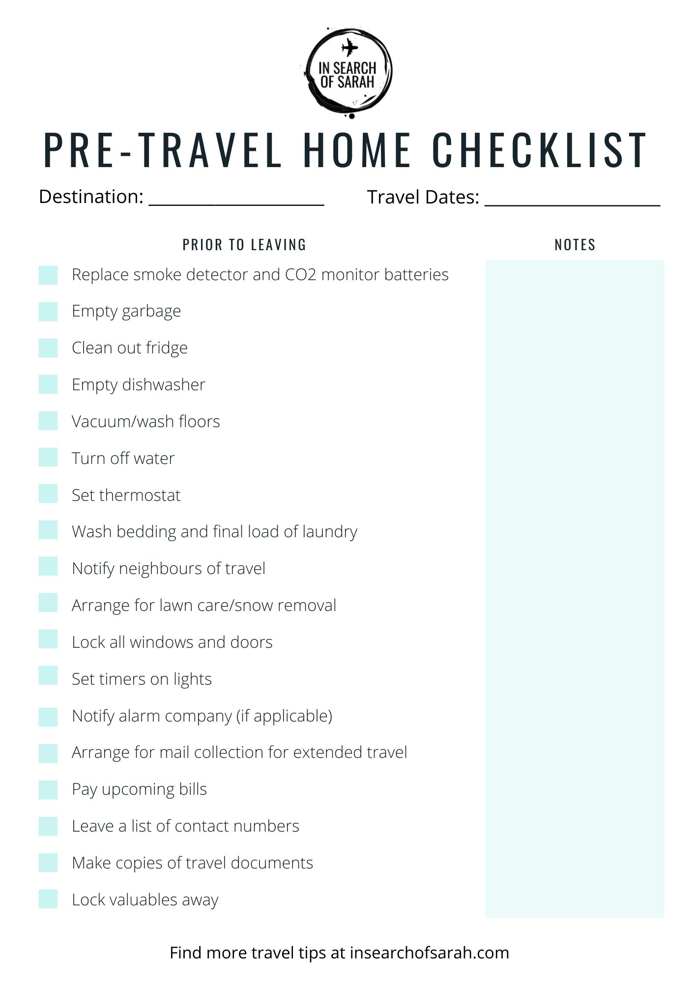 travel checklist house sitting